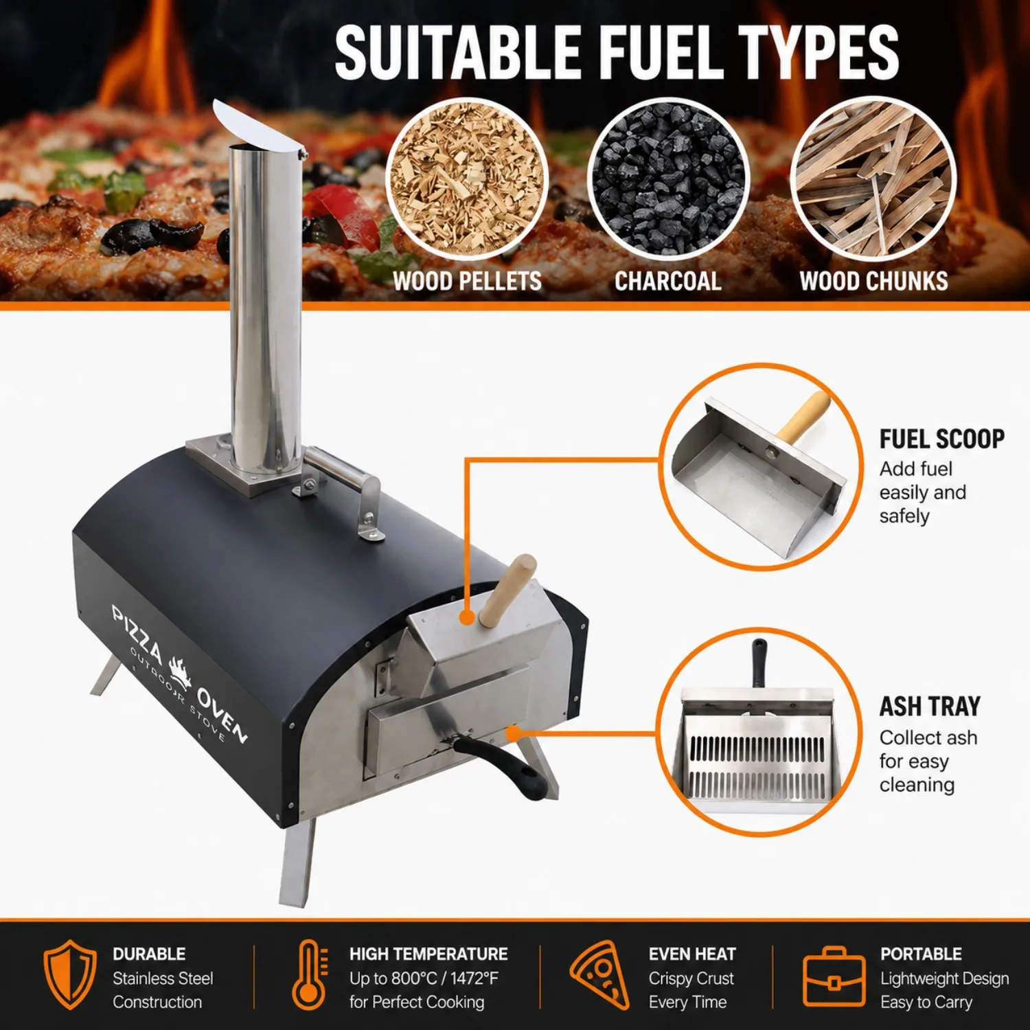 12 Inch Portable Outdoor Wood Pellet Pizza Oven Woodfired Stonebaked Stainless Pizza Maker Cooker for Outdoor Party