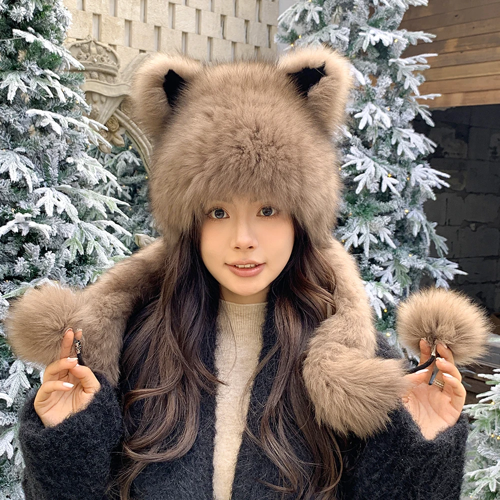 

2025 Cute Little Bear Plush Winter Thickened Warm Ear Protect Hat Outdoor Windproof Real Fox Fur Hat