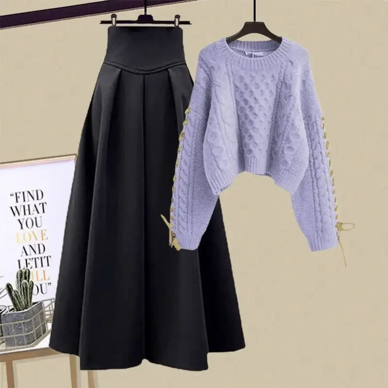 

Women Autumn/Winter New Loose Sweater+High Waist Midi Skirt 2-Piece Suit Chic Long Sleeve Knit Hoodie Dress Matching Set ZL921