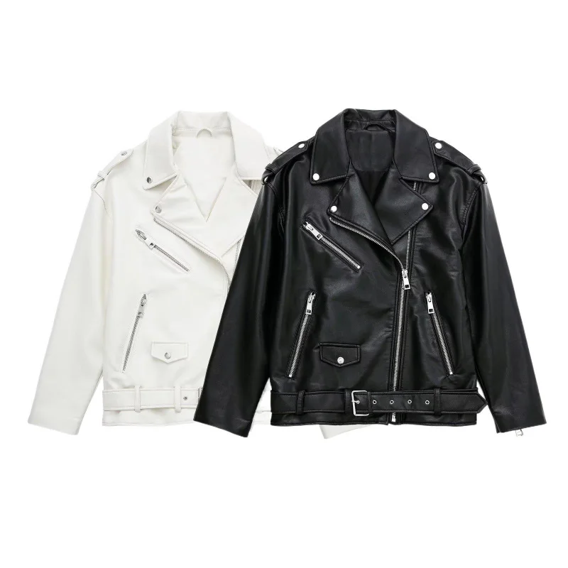 

MAQVOB Top Quality EU US Size Luxury Brand Vintage Women Clothing French-style Faux Leather Loose Fit Motorcycle Jacket