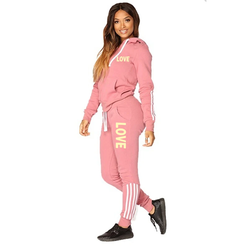 Fashion Love Letter Print Women Track Suits Sexy Sports Wear Jogging Suits Ladies Hooded Tracksuit Set  Zipper Hoodies Suit