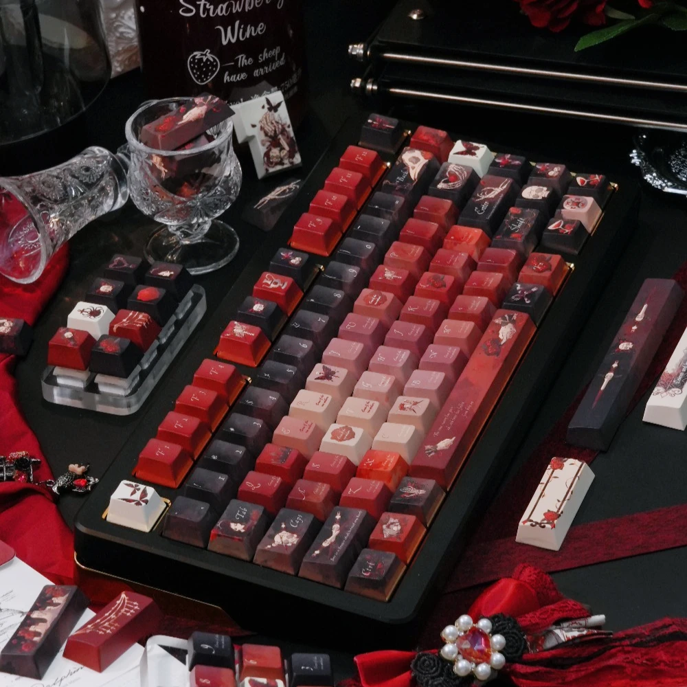 Gothic Style Keyboard Keycap Black And Red Dark Retro Burgundy 141 Keys [Red Mary] Pbt Cherry Aula F75/F99/F87 Keycaps