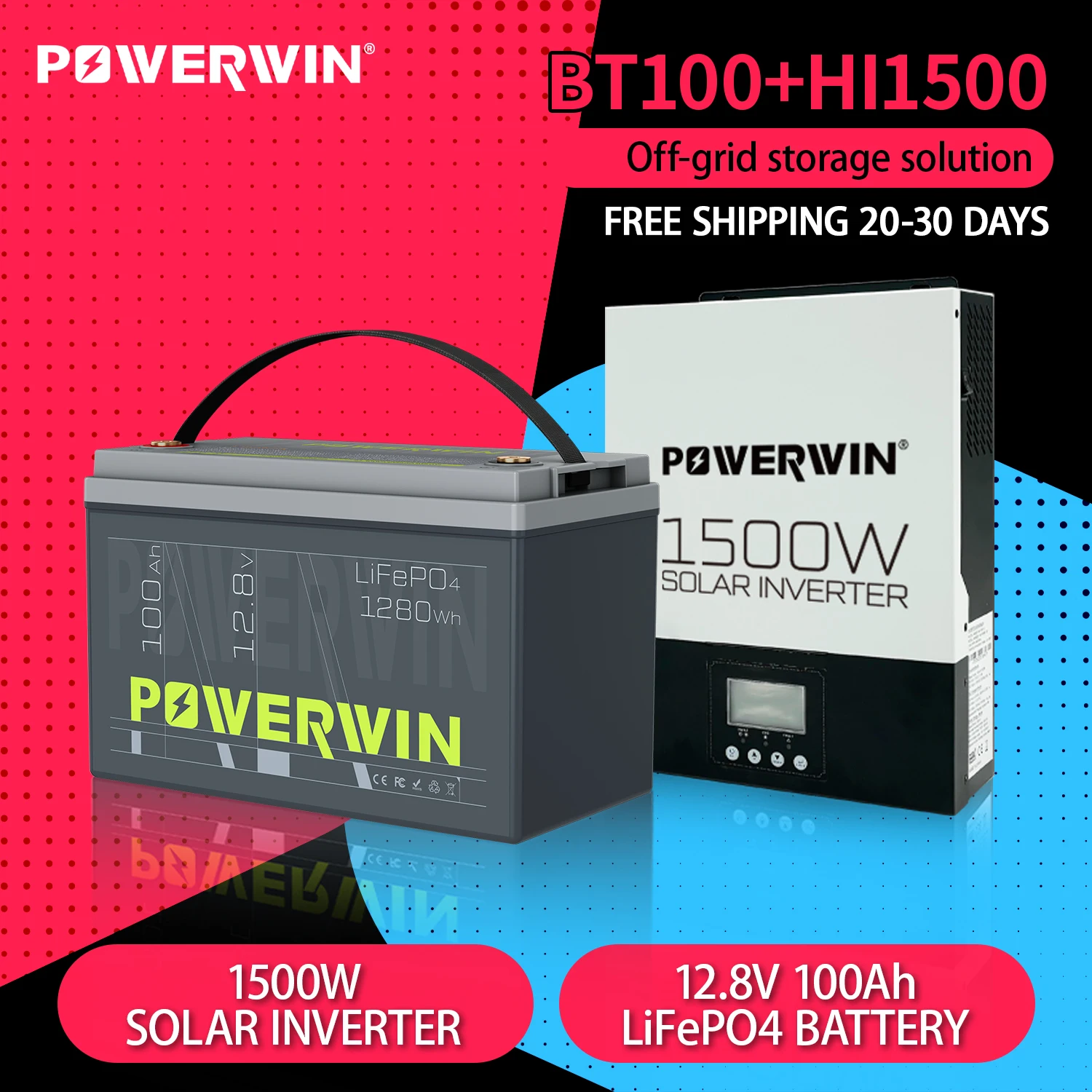 POWERWIN BT100 LifePO4 12V 100Ah/1280Wh HI1500 Hybrid Solar Inverter 1500W 12V 80A MPPT Off-grid LCD Battery 12V Pure Sine Wave