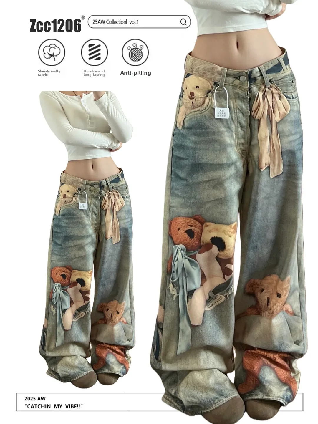 Vaqueros anchos vintage con estampado de oso grafiti para mujer, corte recto holgado, estilo urbano, multibolsillos, cintura ...