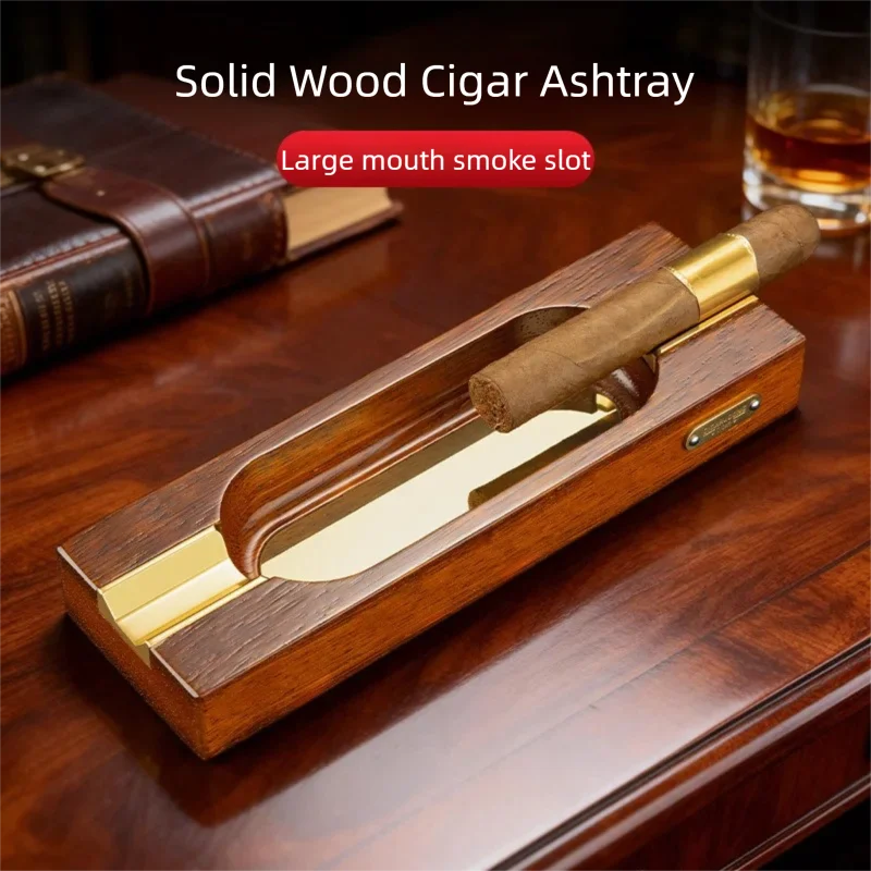 

Large Diameter 2 Slot Cigar Ashtray Solid Wood with Gold Plated Metal Holder Retro Practical Portable Merbau Wood Cigar Rack