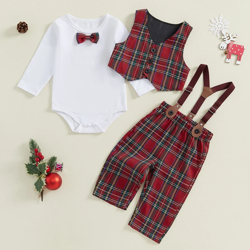 Baby Boy Christmas Party Fomal Outfit Long Sleeve Romper with Plaid Overall Pants Vest Infant Boys Gentleman Outfit