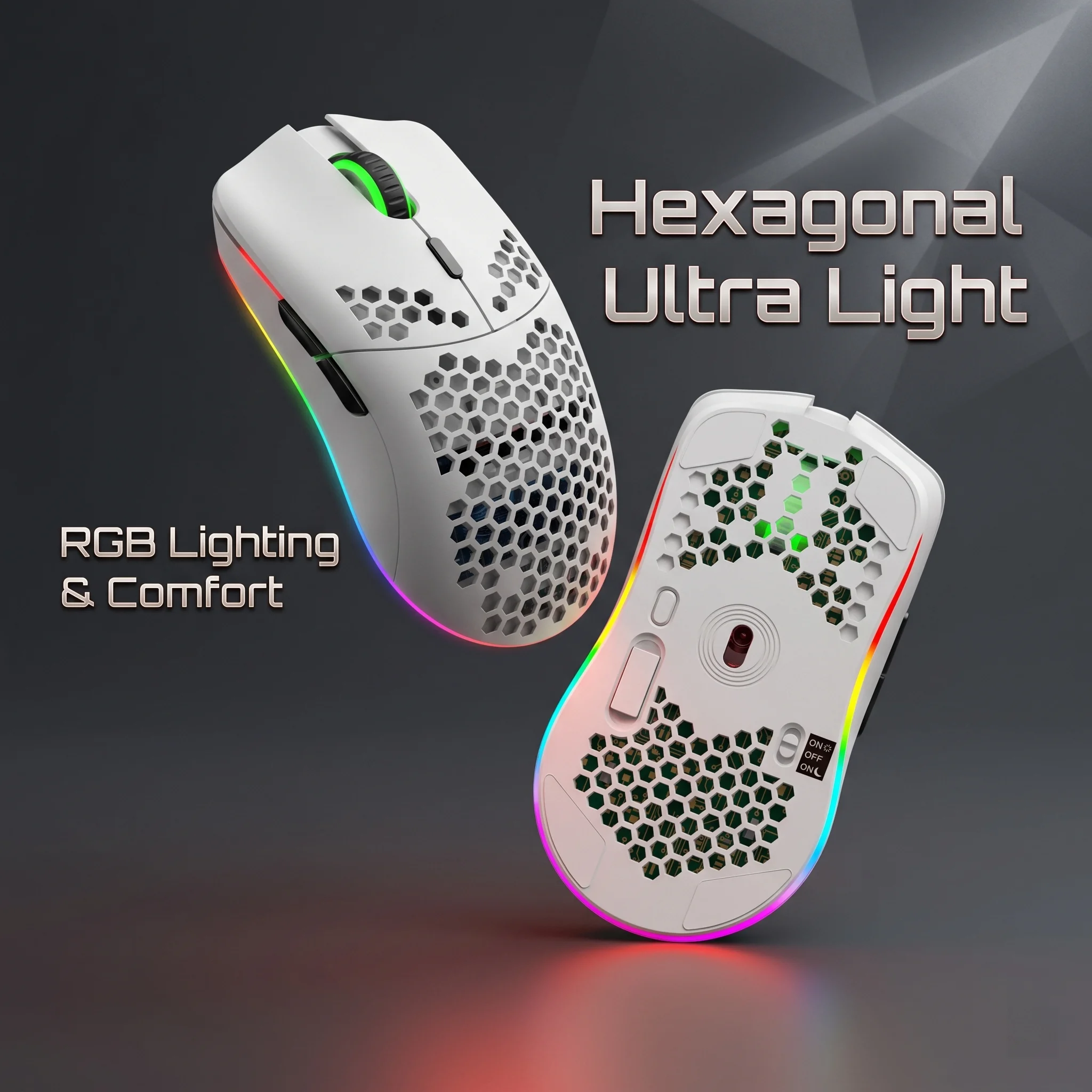 

Wireless Gaming Mouse with RGB Lighting, Rechargeable Battery, Honeycomb Design,2.4G USB Plug & Play, Right-Handed Comfort