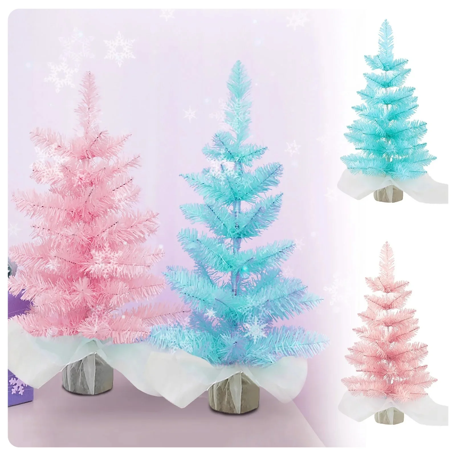 Mini árbol de Navidad de escritorio de 45cm con Base de madera, árbol de Navidad rosa/azul, decoración de escena navideña, Mini árbol de Navidad