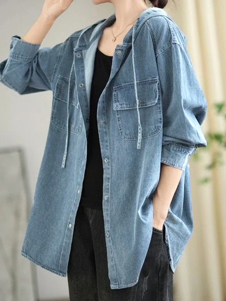 Max LuLu Fall 2024 Loose Leisure Hooded Denim Shirts Womens Vintage Females Classic Oversized Blouses British Fashion Punk Tops