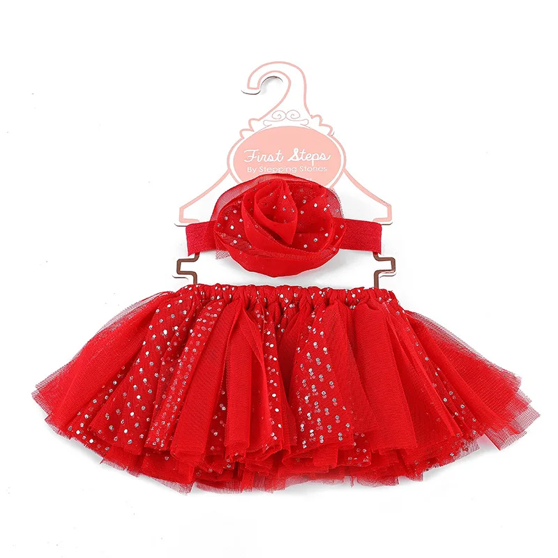 Baby Girl Tutu Skirt With Floral Headband Red Black White Pink Silver Color Handmade Bow Skirt Kids Daily Dressing Costumes