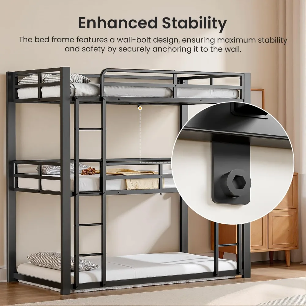 سرير ثلاثي بطابقين شديد التحمل، سرير بطابقين معدني مزدوج الحجم مع سلم، صديق للعائلة لجميع الأعمار، غرفة النوم، لا حاجة إلى صندوق زنبركي #6