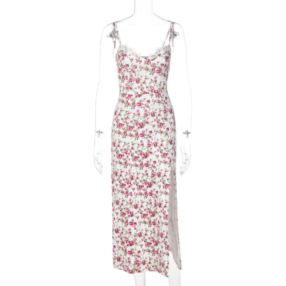 Charming Forking Floral Dress Sleeveless Adjustable Strapes Camisole Dress Slim Backless Wedding