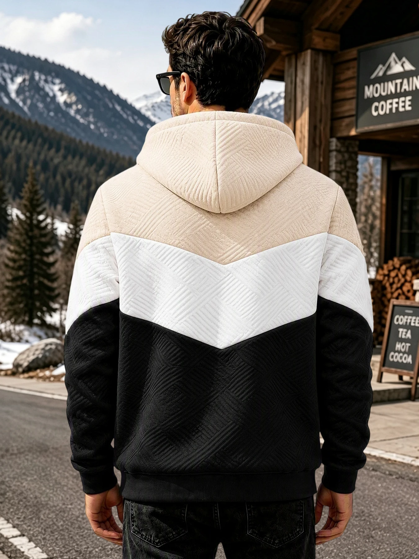 Mens Daily Streetwear Pullover Hoodie Embossed Contrast Splicing Warm Lined Hood Long Sleeve Drawstring Sweatshirt