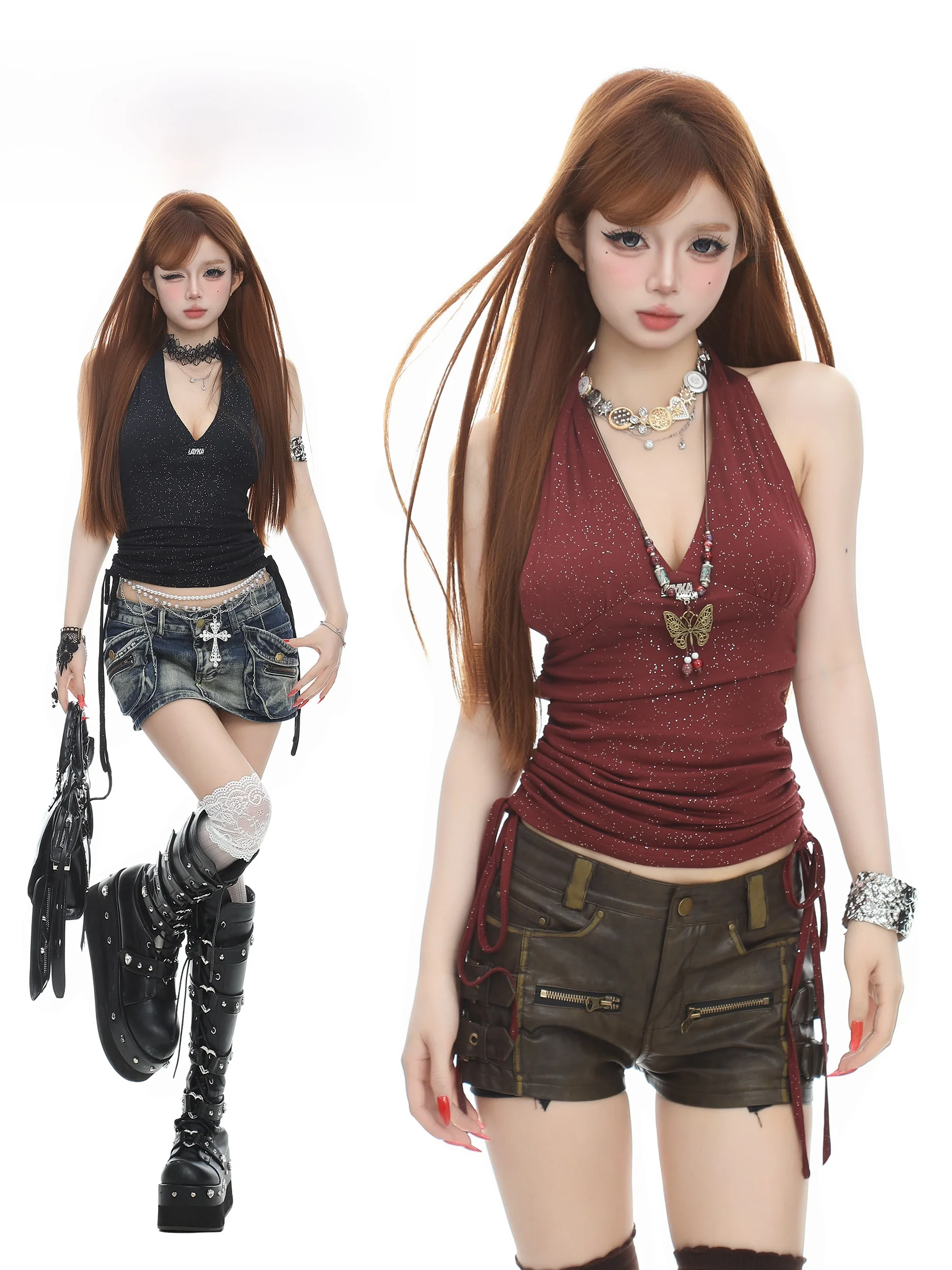 BASTERDS Spicy Girl Backless V-neck Halter Top Women Slim Fit Short Sleeveless Vest Fashionable Bright Thread Detailing