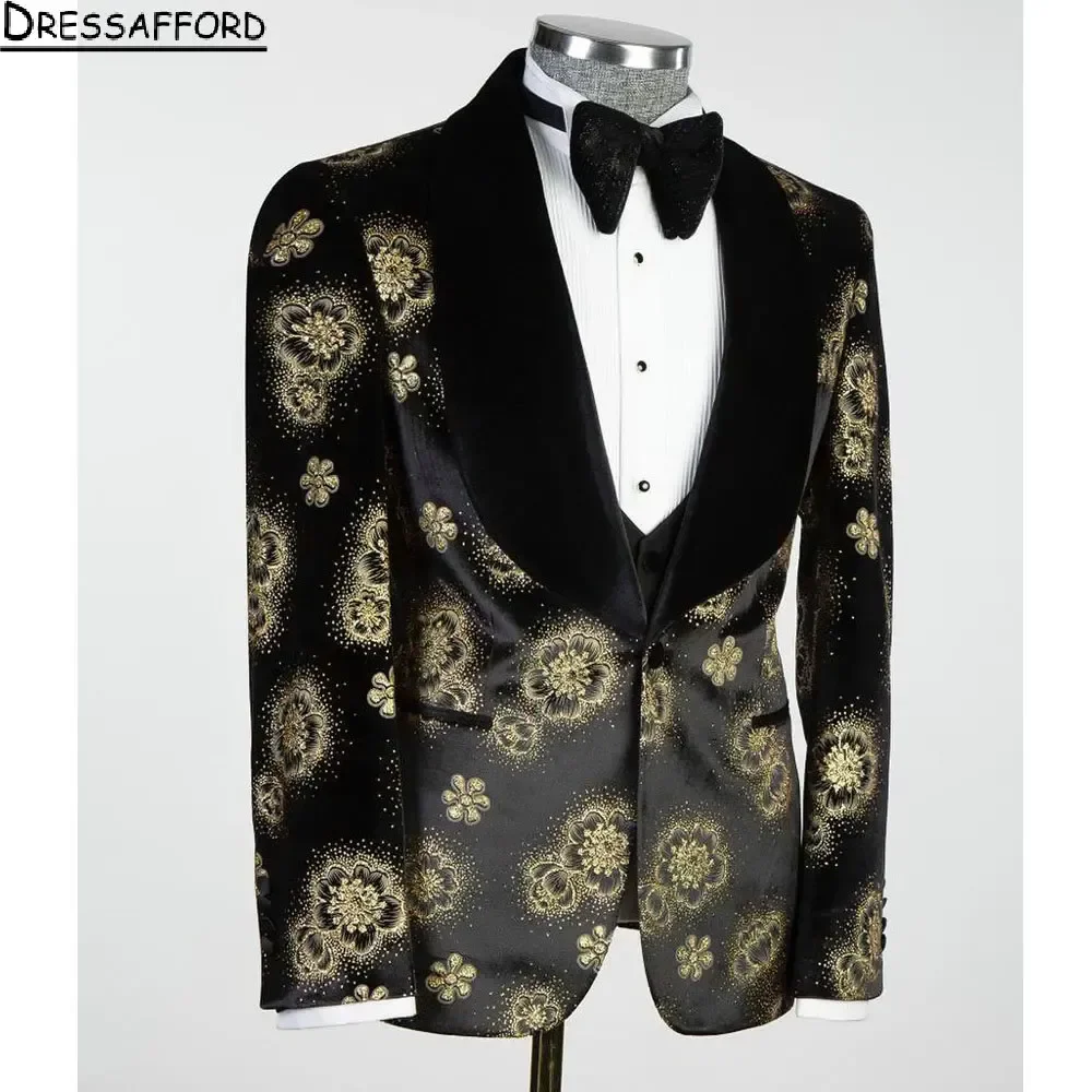 Black Floral Print Men Suits Formal Evening Party Two Pieces Groom Wear ( Jacket + Pants )