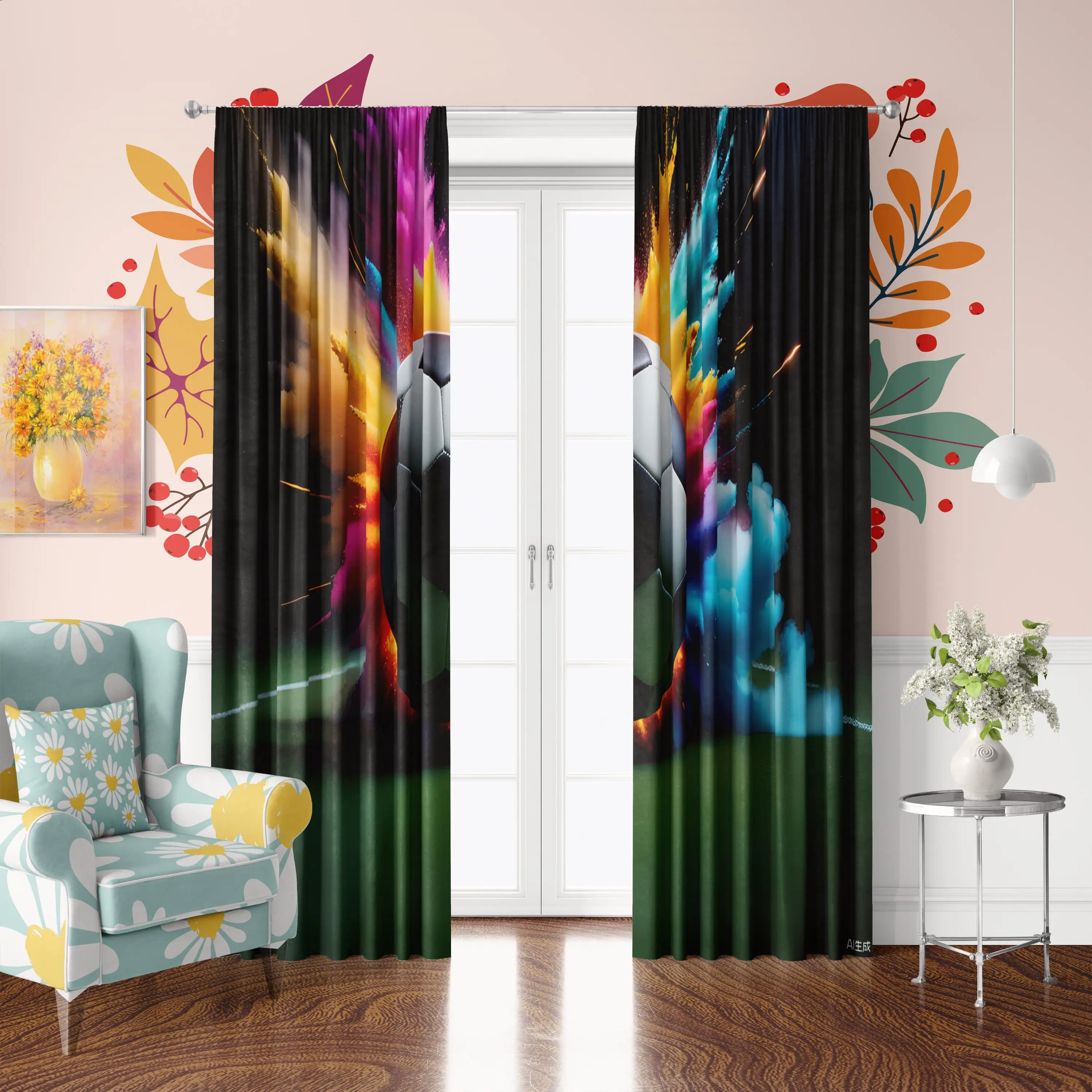 2 pieces - Football print curtain - Polyester material - suitable for bedroom, living room, study, private space