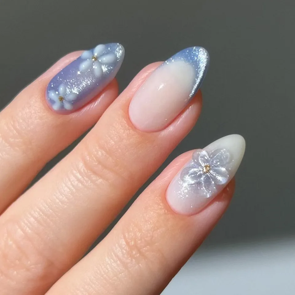 24 Piezas Uñas Almendra de Verano con Ojo de Gato Verde Francesa Tips 3D Doradas con Estrellas Uñas Postizas con Diamantes Reutilizables 2