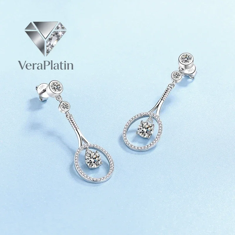 

Серьги-подвески VeraPlatin в форме теннисной ракетки из белого золота 18 карат с муассанитом 1 карат, платина PT950, подарок на день рождения для девушки/женщины, Valen