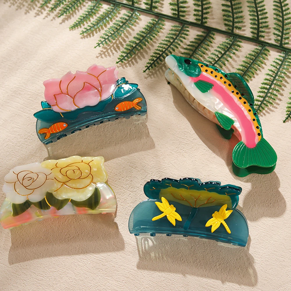 Dragonfly Fish Playing With Lotus Flowers Hair Claw Women's Temperament  Acetate Hair Clips Trendy Shark Clip Hair Accessories