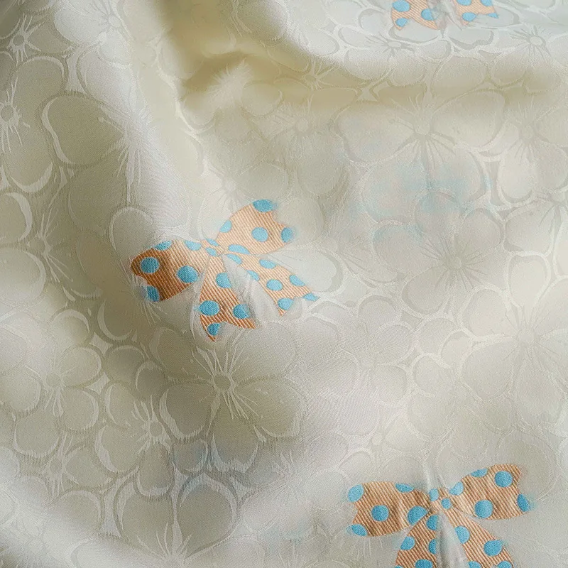 

Warm White Bow Jacquard Soft Silky Fabric Sheer Lightweight Spring Summer Bridal Wedding Dress Flowy DIY Designer Material