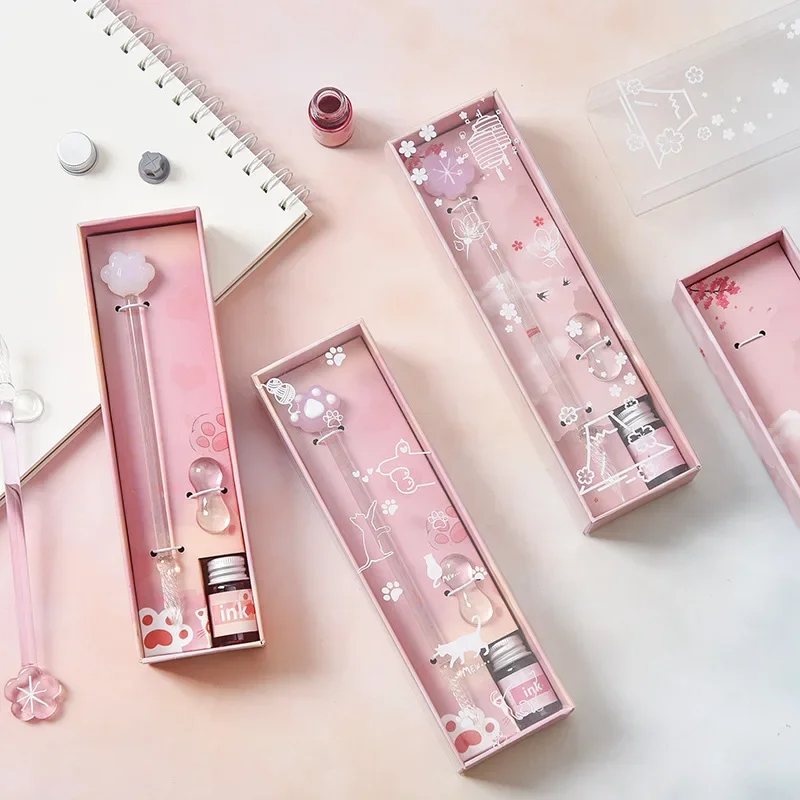 1 Set Glass Pen Set Diamond Cat Claw Series Starry Fountain Pen Creative Crystal Pen Gift StationeryGel PensFountain Pens