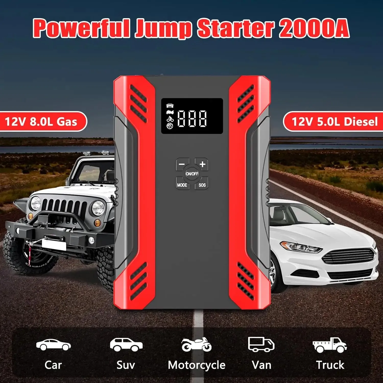 4-in-1 Multi-Function Car Jump Starter Air Compressor Pump 3000A Peak Current 37000mWh Battery 7 BAR/150 PSI Inflator Power Bank