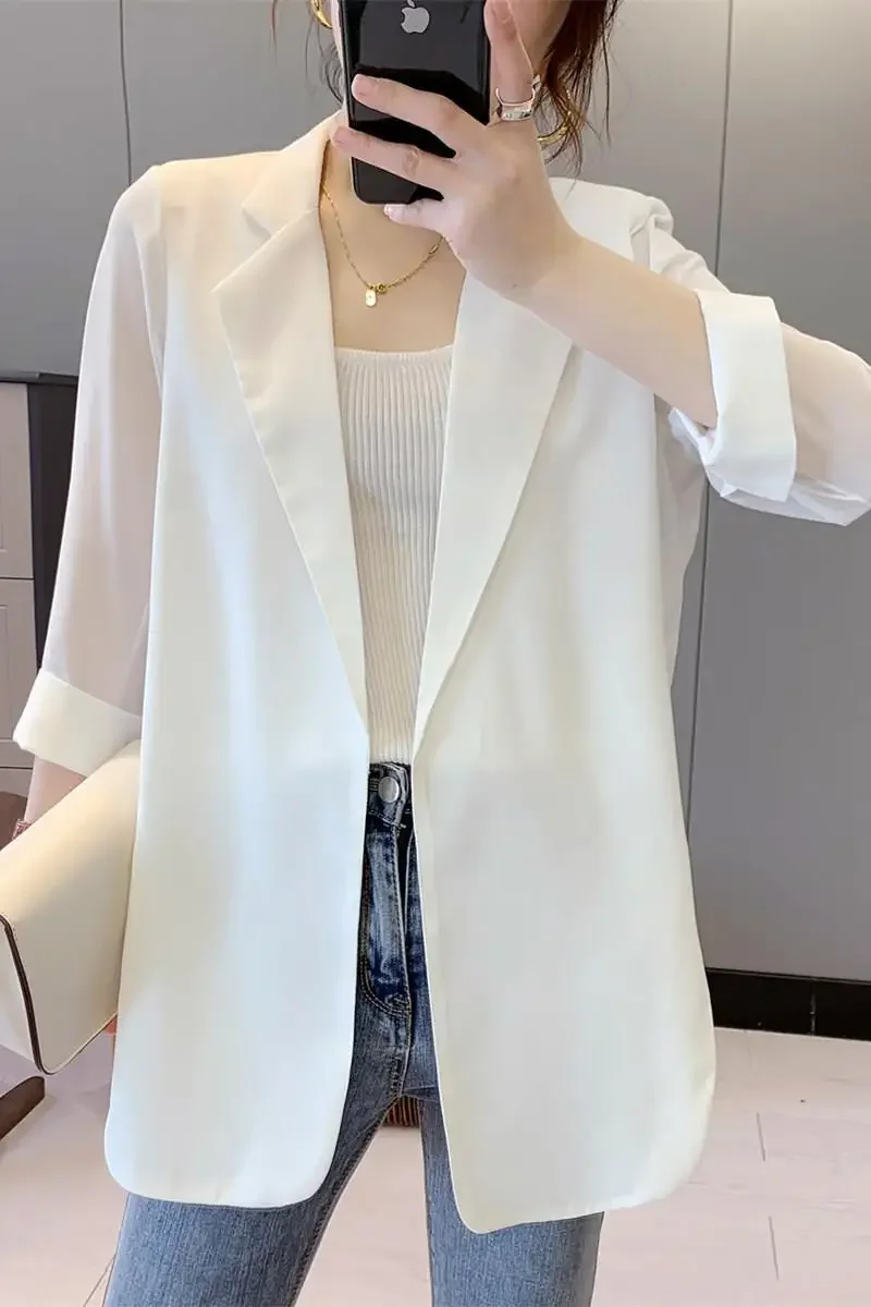 Chiffon Small Suit 1688 Spring Summer White Western-Style Clothes Top Thin Draped Casual Elegant Design Sensibility Niche Jacket