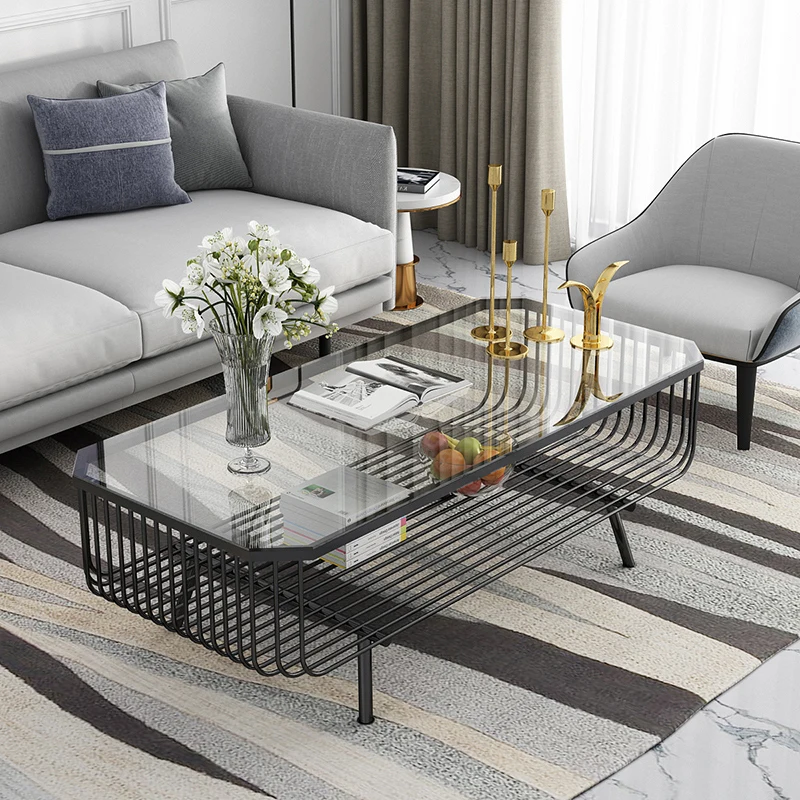 Modern rectangular coffee table with tempered glass top and circular iron frame storage - durable in living room and gym