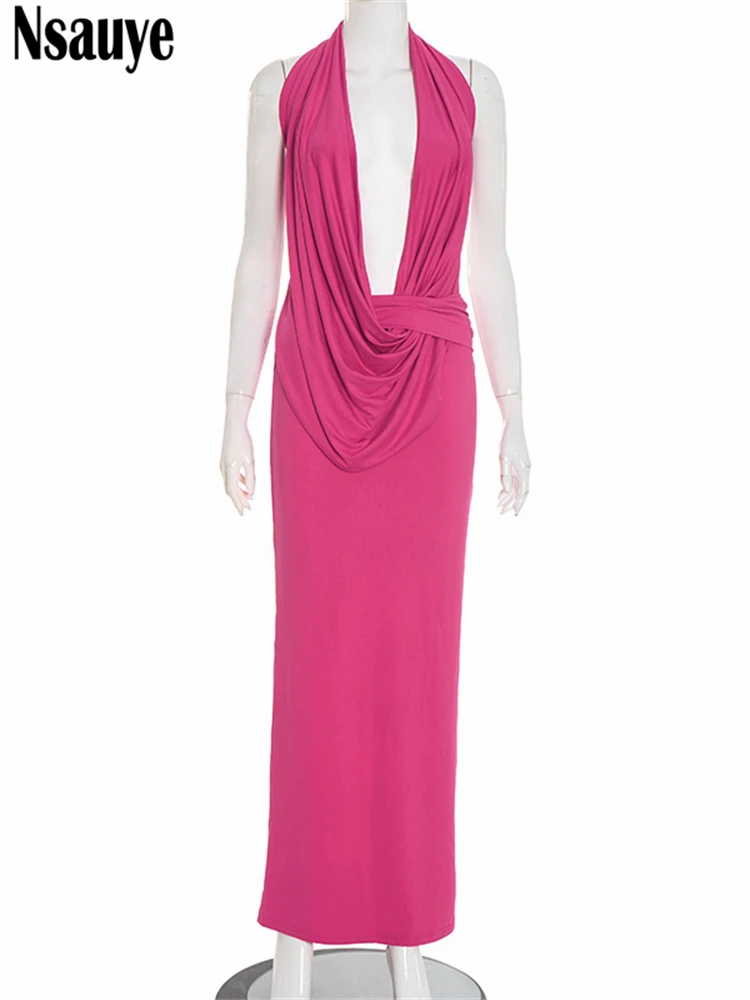 Nsauye elegante vestidos de festa feminino sexy night club nova moda maxi baixo corte halter sem costas vestido de verão longo 2025 outono