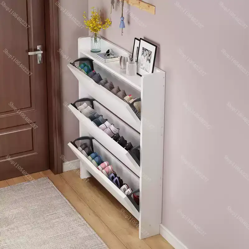 2 Tier Wooden Shoe Organizer Cabinet Flip Drawers Narrow Space Saving Slim Rack for Hallway