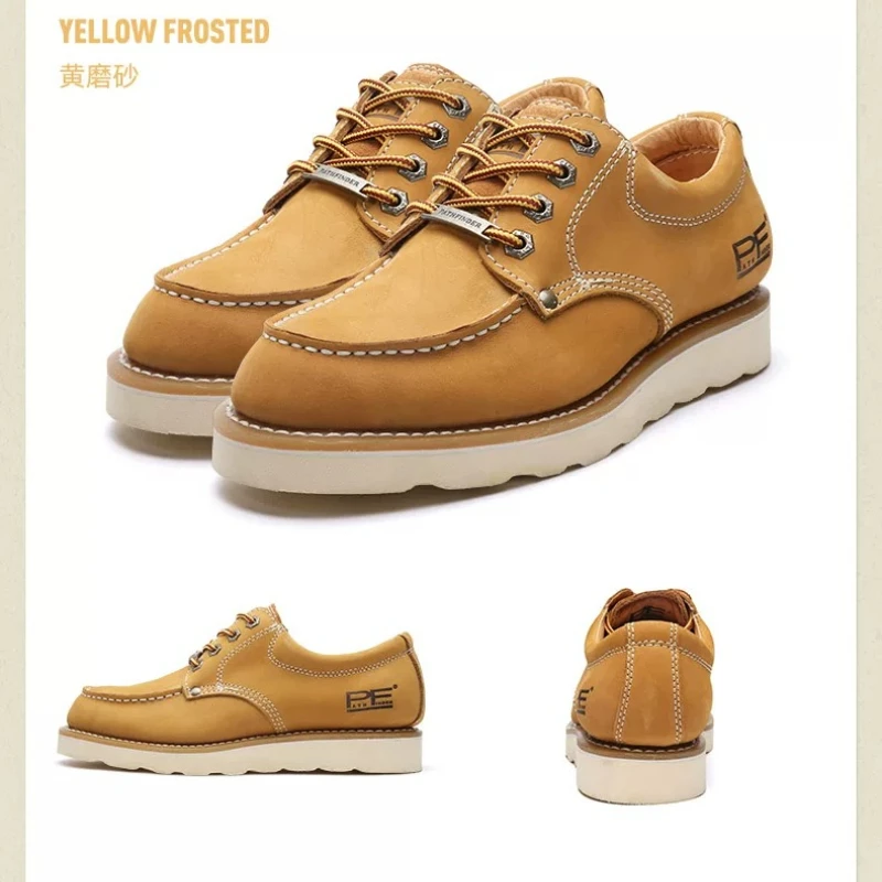 Retro Casual Work Boots Men's Cow Genuine Leather Single Dress Shoes Breathable Round Toe Flat Sole Hiking Shoes Goodyear-Weld