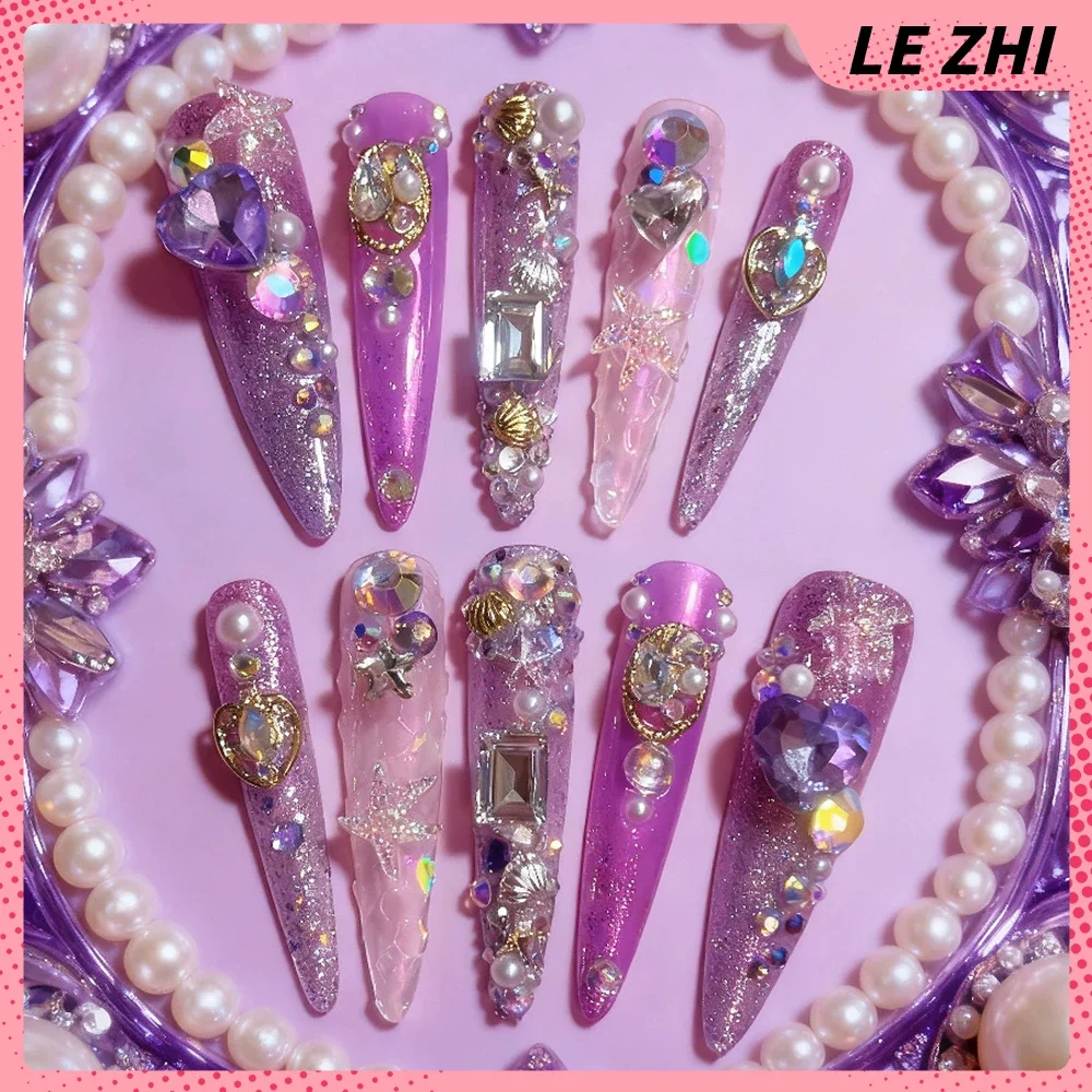Europe America Xxl Super Long Square Stiletto Handmade Press On Nails 3D Flower Bowknot Rhinestone Pearl Snowflake Fake Nails