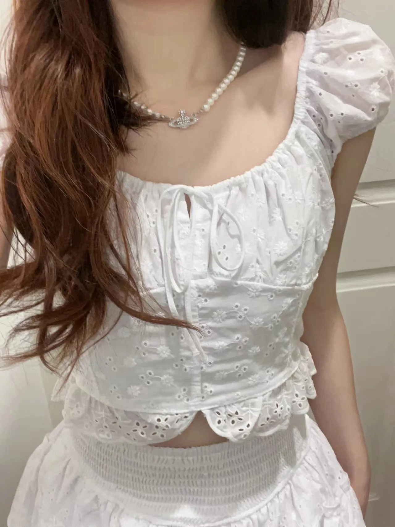 Square Collar Lace-up Chic Summer T-shirts Flower Embroidery Tight Sexy Crop Top Sweet White Versatile Short Sleeve Tee Tank