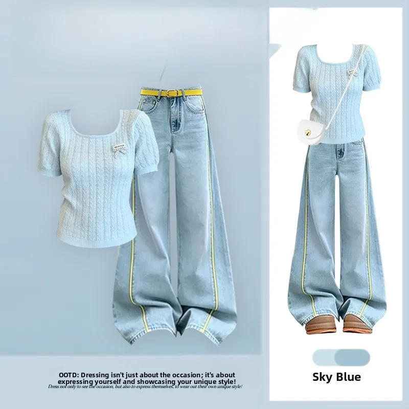 Summer New Korean Style Knitted Short Sleeve Top And Straight Leg Jeans Two Piece Set Age Reducing Gentle Fashion Versatile