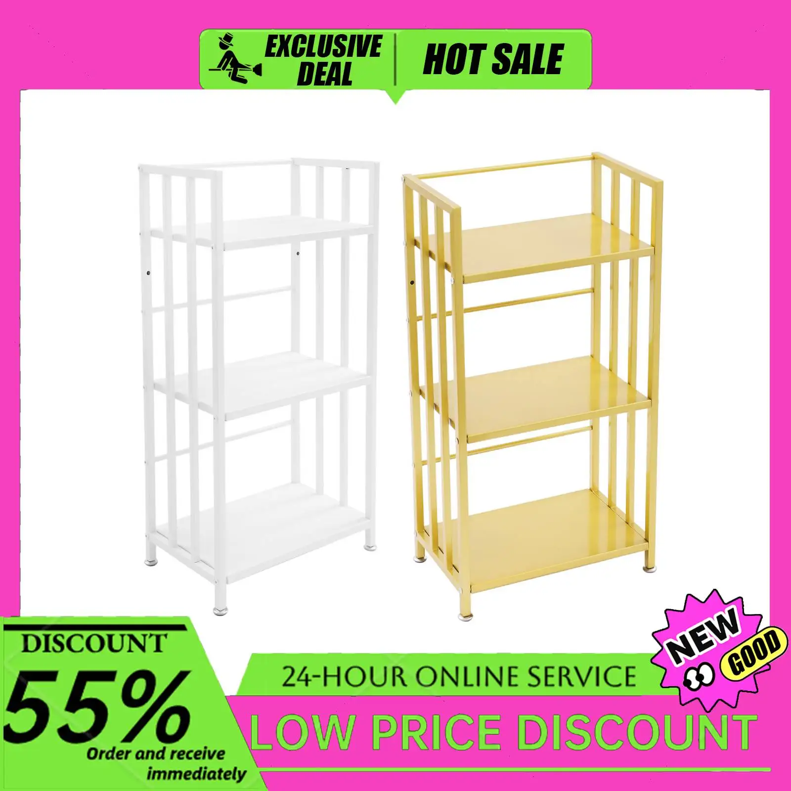 

3-уровневая книжная полка, напольная открытая витрина, 30 фунтов/уровневая железная краска для выпечки, белый/золотой для гостиной/кабинета