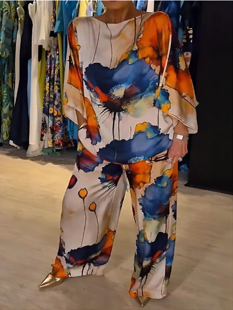 Pant Sets Women Satin Printed Two-piece Set, Loose Casual Round Neck Top, Wide Leg Pants, Summer Conjuntos Para Mujeres 2 Piezas