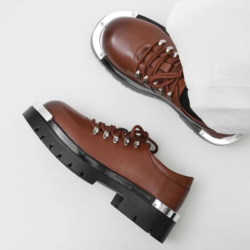 

High Quality Men's Punk Metal Toe Cap Derby Shoes Chunky Leather Lace Up Platform Shoes 2026 New Trendy Streetwear Footwear 운동화