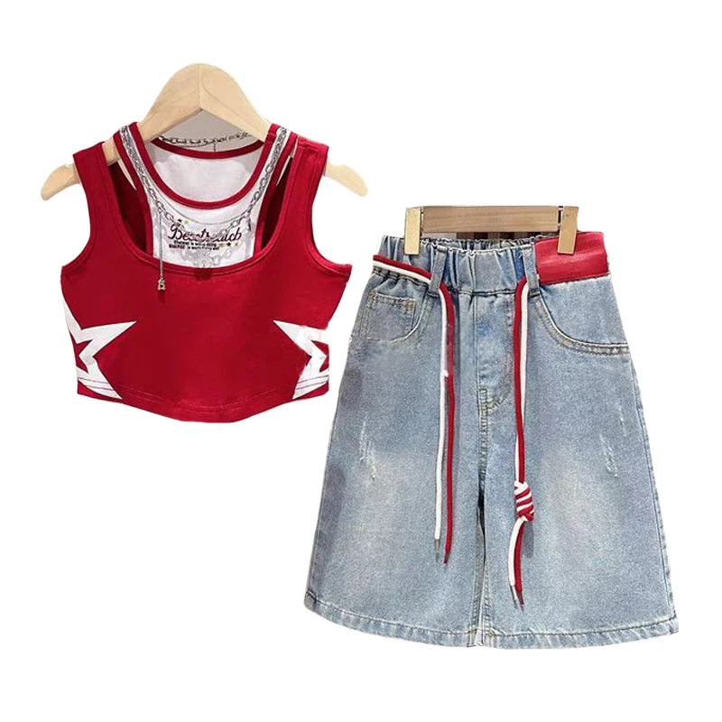 2026 Summer New Girls Clothing Set Fake Two Five-Pointed Star Print Sleeveless Vest+Capri Pant Jeans 2Pcs For 4-12Y Fashion Suit
