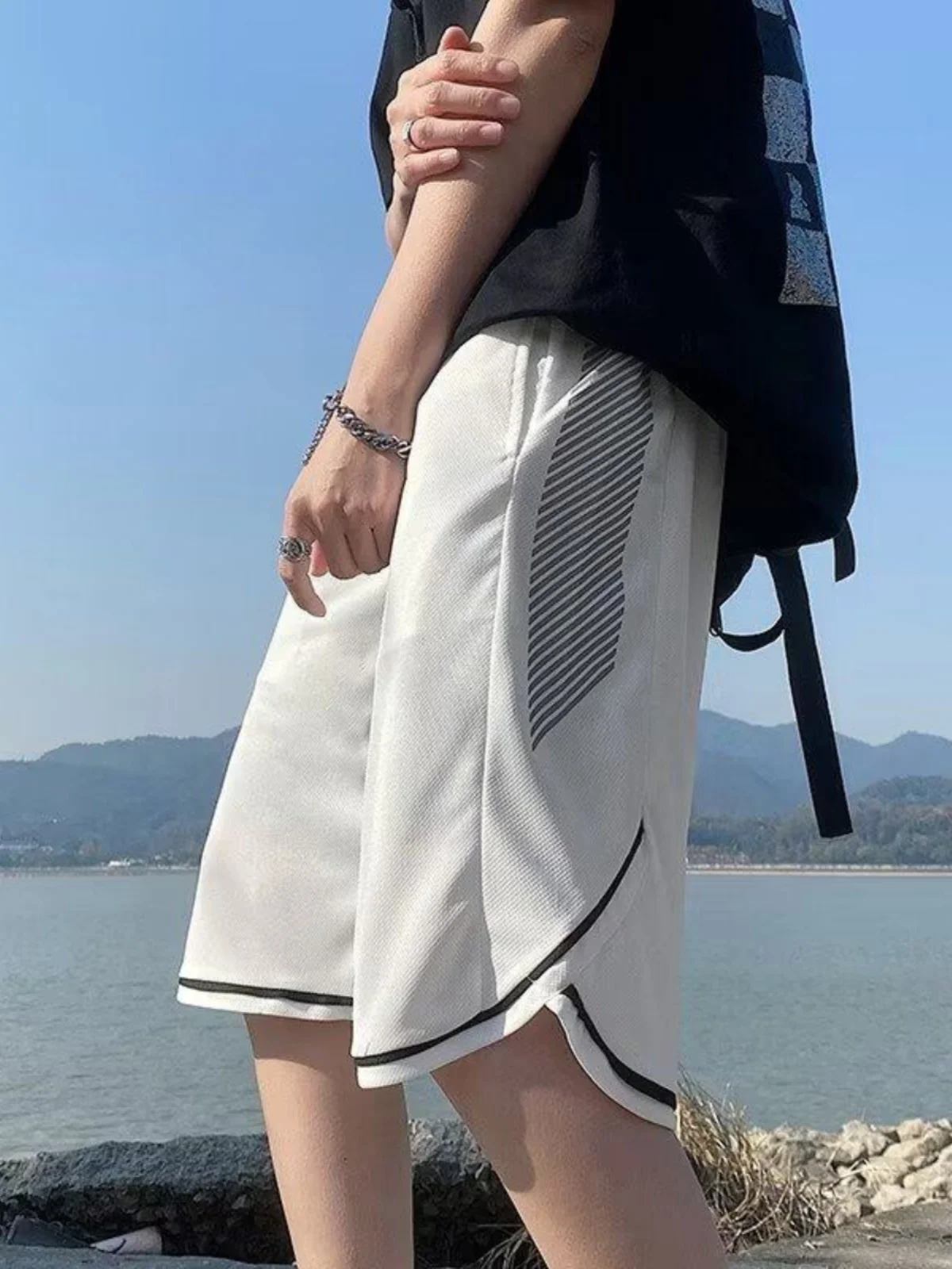 

American Sle Baskeall orts Men's Summer Outdoor Wear Breathable Me Five-Quarter Length Beach Pants for Teens