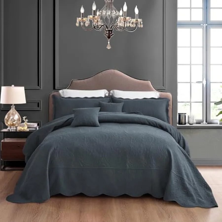 

Покрывало для кровати размера King-size, ультралегкое, с ультразвуковой стежкой, узором пейсли, двустороннее, 5 предметов, 100% микрофибра, Polar Night