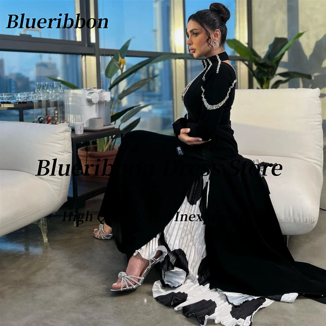 Blueribbon فساتين مناسبة رسمية Beaded Halter Neck Sexy Backless Prom Dresses Front Slit Black&White Evenin Party Dress Arabia