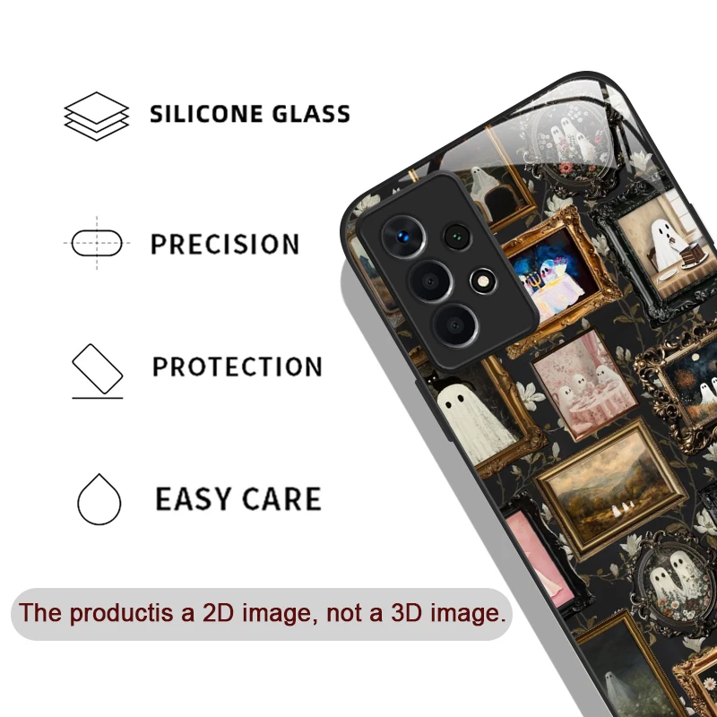 愛らしい小さな幽霊のデザインのクリエイティブな強化ガラス製スマホケース、Samsung Galaxy S25 Ultra、S24、S23 Plus、S22、S21、S20 FE、M55対応ハードカバー