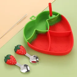 Baby Safe Silicone Dining Plate Suction Strawberry Children Dishes Feeding Toddler Training Tableware Cartoon Kids Plate Set