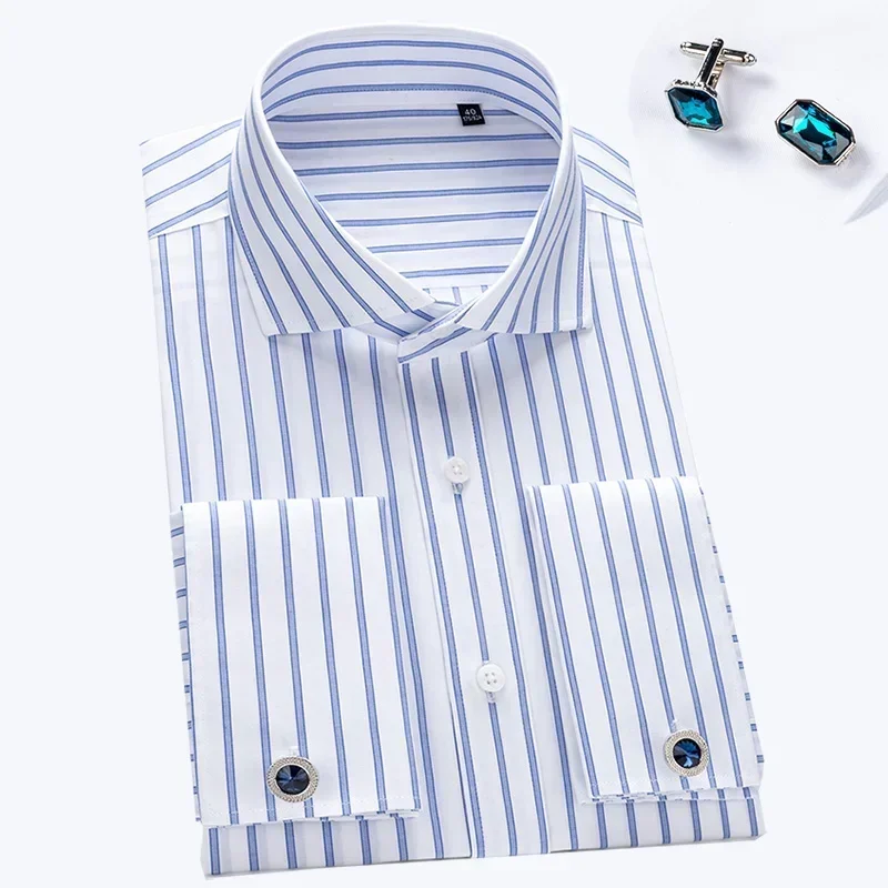 2024 Men\'s Shirt Slim Fit Windsor Neck Long sleeved High Quality Cotton Anti wrinkle and Non iron Cufflinks White Shirt