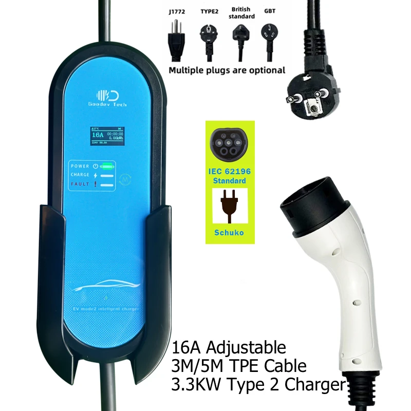 Portable EV Charger Power Station 16A 220V 3.3KW TPE Cable Current Adjustable Type 2 Schuko Plug Charging For Electric Vehicles