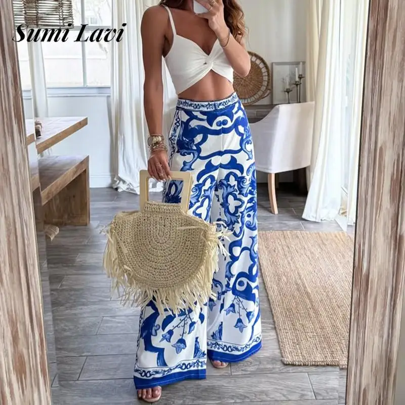 Elegant Celadon Positioning Printed Long Pants Fashion High Waist Draped Straight Pants 2025 Women Casual Wide Legger Trousers