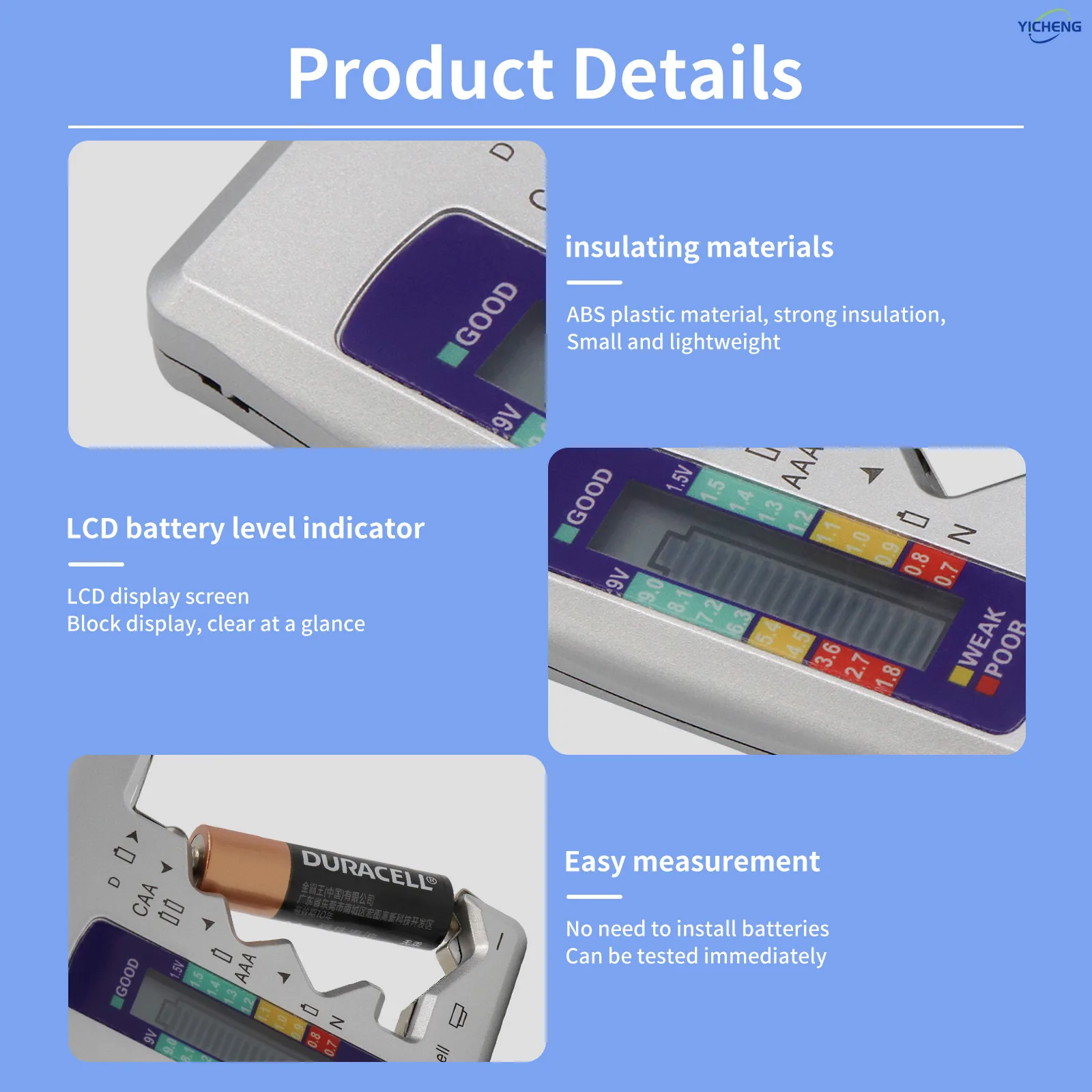 YICHENG (3 peças) testador de bateria, verificador de bateria universal para pilhas de botão AA / AAA / C / D / N / 6F22 / 9V / 1.55V, LCD