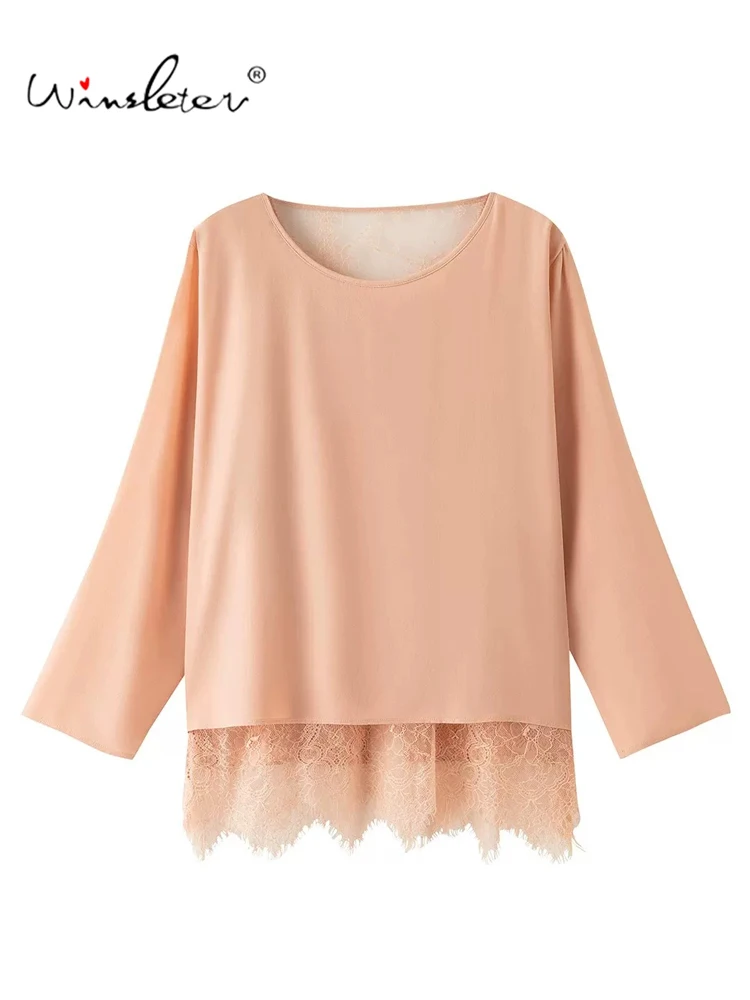 Winsleter-100%Real Silk  Elegant Shirt, O Neck Lace Patchwork, Women French Fake 2 Pieces Loose Blouse, 2026 Autumn New T6O835CC