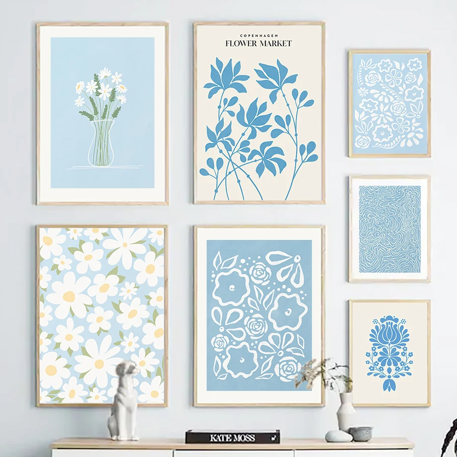 Toile d'art mural minimaliste du marché aux fleurs bleues, affiches et imprimés nordiques, images murales abstraites pour décor de salon le
