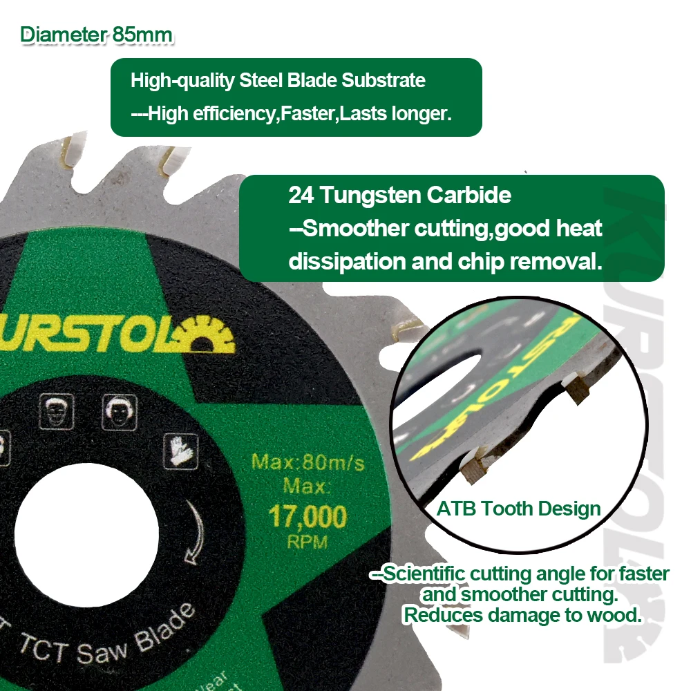 KURSTOL 1/3pcs 85mm TCT Carbide Tipped Woodworking Cutting Disc For Plywood Wood Plastic 24T Saw Blade